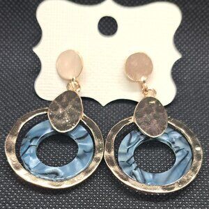 Gold and Blue/Grey Dangle Earrings- Hammered Metal Accents- NWOT